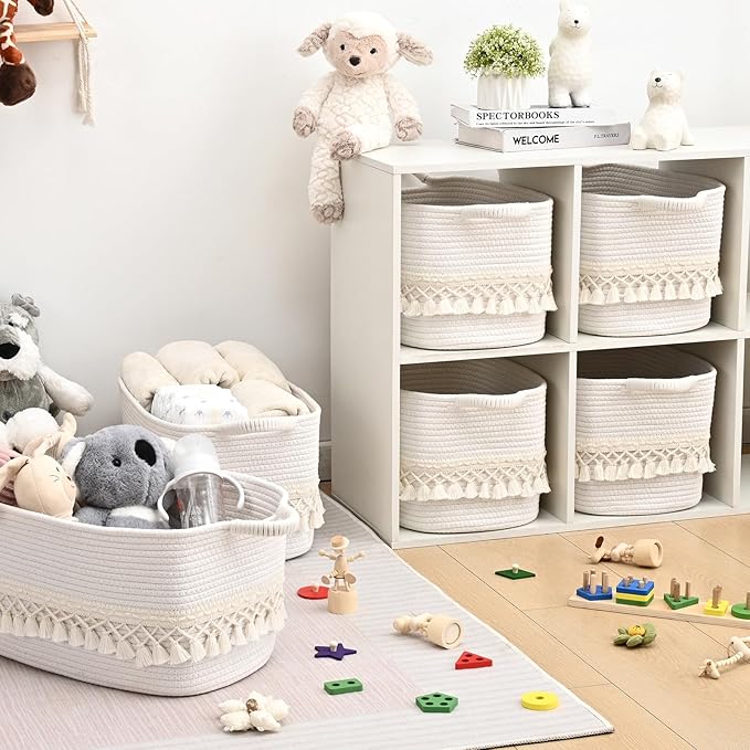 3 Pack Storage Basket for Shelves, Boho Cotton Rope Storage Bins with Heavy Tassel, Shelf Baskets Large Woven Baskets for Organizing, Cube Organizer Bins, Baby Laundry Basket for Clothes, Toys, Pets