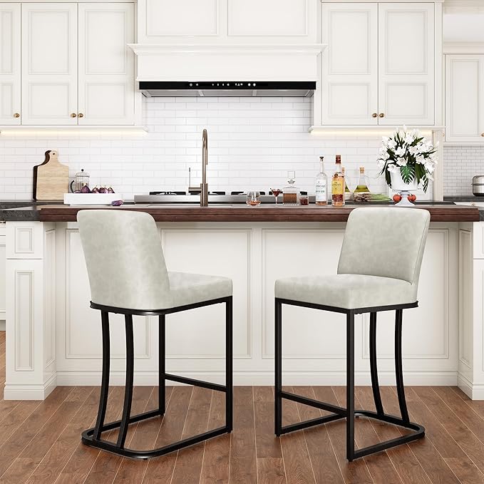 PHI VILLA Light Grey Bar Stools Set of 2, Faux Leather Counter Height Chairs, Kitchen Stools for Island, 24 Inch Barstools with Back