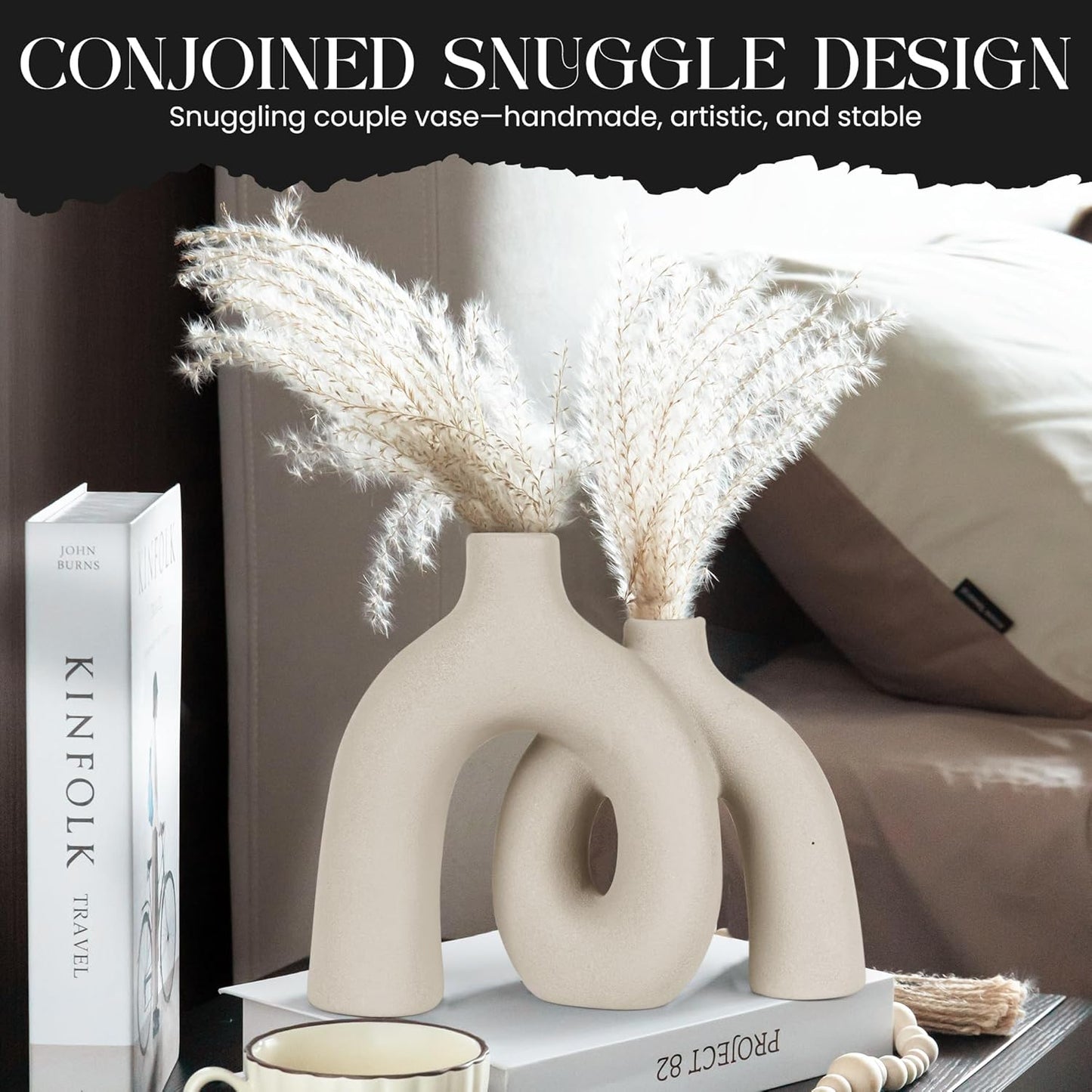 Ceramic Hug Vase (Creamy White) Modern Donut Style Hugging Vases for Flowers Minimalist Decor – Hollow Ceramic Waterproof Home Decor Vases for Living Room, Bed Room, Book Shelf, Entryway, Table