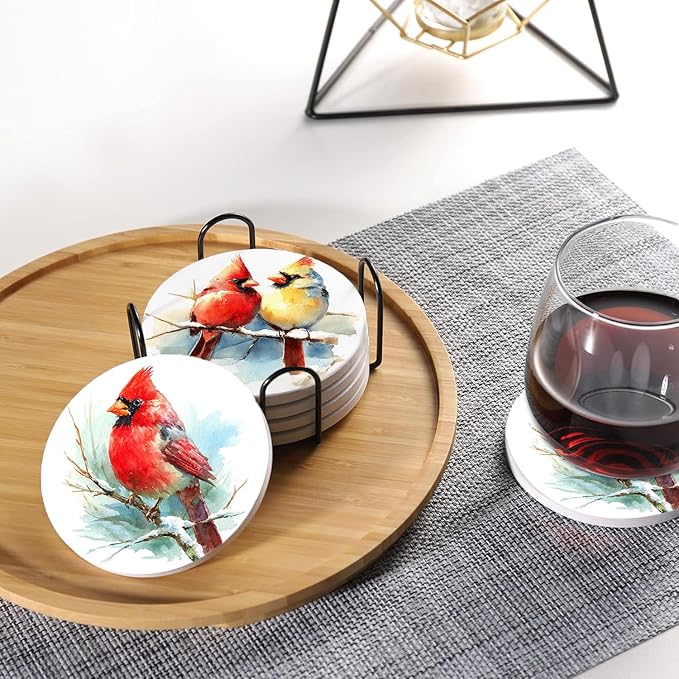 Winter Cardinal Drink Absorbent Coasters with Holder Set of 6, Ceramic Stone with Cork Base, Watercolor Bird Design Coaster for Drinks, Gift for Housewarming Room Bar Home Decor Kitchen