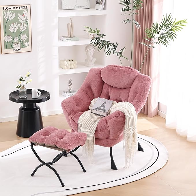 Welnow Lazy Chair with Ottoman, Modern Lounge Accent Chair with Armrests and a Side Pocket, Leisure Sofa Armchair Set, Reading Armchair with Footrest for Small Space, Plush Dark Pink