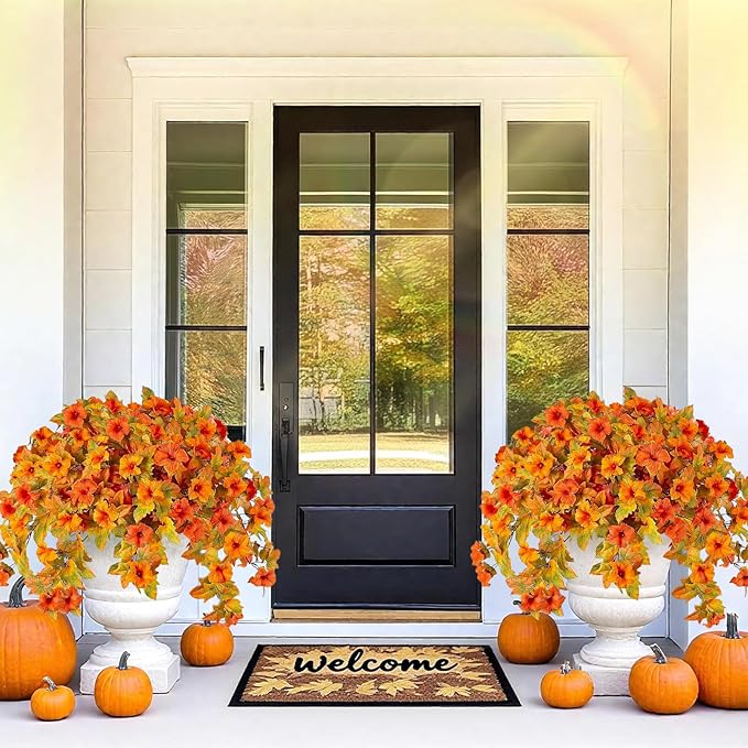 4 Pcs Artificial Fall Fake Flowers Plants for Outdoor Decoration,No Fade Faux Petunias,UV Resistant Realistic Autumn Silk Flowers,for Home Garden Balcony Yard Porch Deco (Orange Yellow)