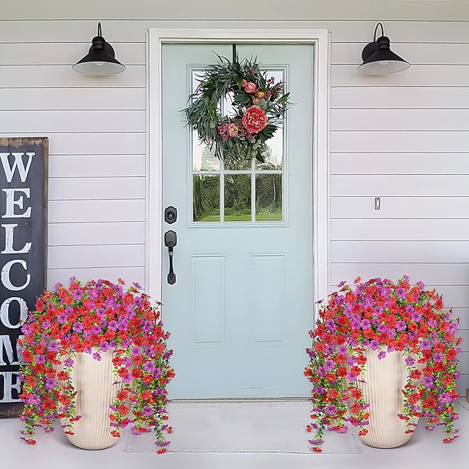 Artificial Fake Hanging Plants Flowers for Spring Outdoor Outside Decor, Faux Mums Silk Realistic Flower, 2 Pcs UV Resistant Look Real Plastic Decorations for Porch Home Patio Balcony Yard