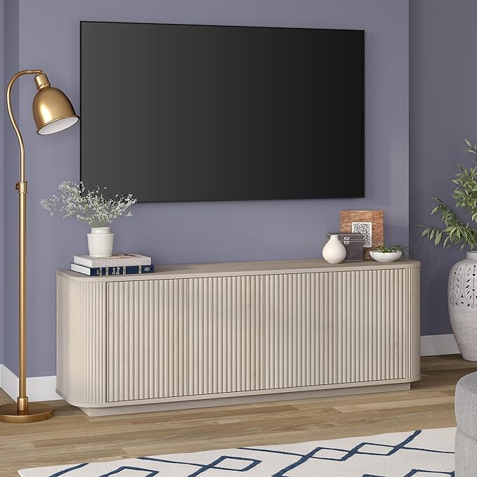 Henn&Hart Rectangular TV Stand for TV's up to 75" in Beech White, for Home, Living Room, Bedroom, Entertainment Room, Office