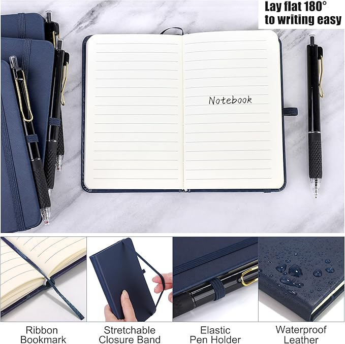 Aodaer 50 Sets Pocket Notebook Journal with Pens, 160 Pages, 3.5 x 5.5 Inch Mini Lined Journal Notebook A6 Leather Hardcover College Ruled Notepad with Pen Holder for School Office Gifts, Navy Blue