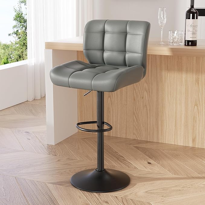 Modern Bar Stools, Faux Leather Upholstered Swivel Bar Stools, Adjustable Counter Height Bar Chairs with High Back and Footrest for Kitchen Island (Dark Grey)
