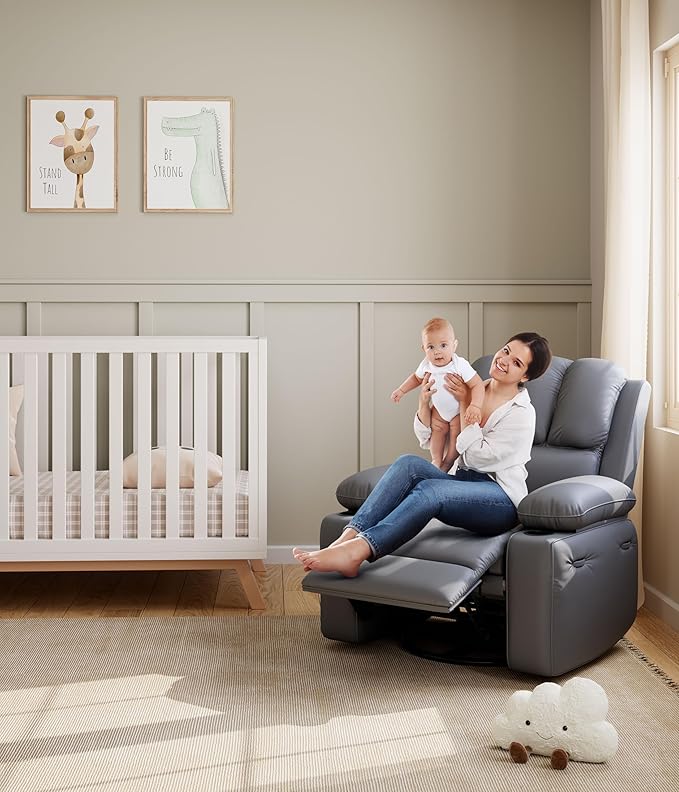 27" Oversized Power Recliner Chair, Faux Leather Rocking Chair with Heat & Massage, 360° Swivel Modern Electric Recliner with Cup Holder ＆ USB Charging for Living Room, Bedroom, Nursery - Grey