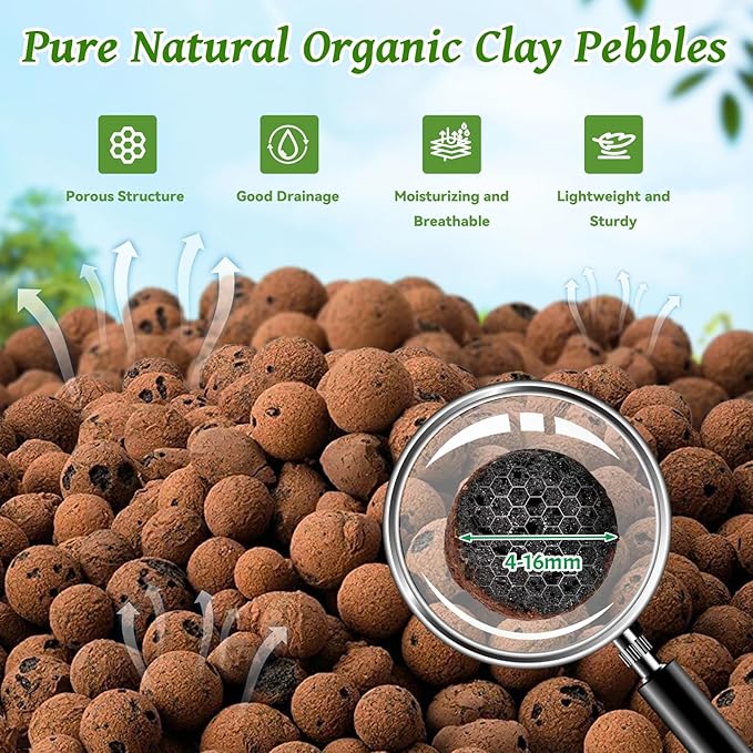 Riare 16 LBS Organic Expanded Clay Pebbles - 4mm-16mm Natural Leca Balls Lightweight Hydroponic Clay Pebbles Aggregate for Indoor Plants, Hydroponic Growing, Plants Drainage, Aquaponics