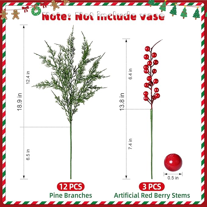 Cedar Stems Artificial Norfolk Pine Branches for Christmas Decor, 12 PCS Fake Pine Stems with 3 PCS Red Berries Branches Realistic Fake Plants Faux Greenery for Vases DIY Garland Xmas Table Indoor