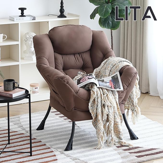 LITA Lazy Chair with Ottoman, Modern Accent Leisure Upholstered Sofa, Contemporary Lounge Reading Chair with Armrests and a Side Pocket for Living Room, Bedroom & Small Space, Single Dark Brown