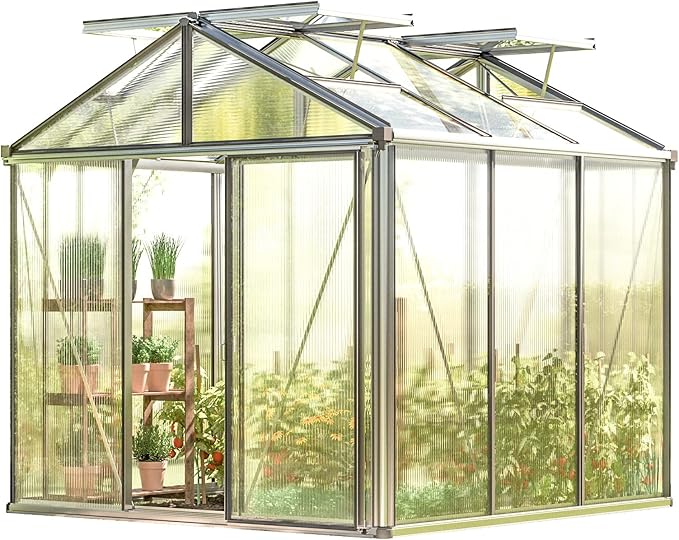 Greenhouse Diamas 21 Premium 7.7 x 7.7 ft with Approx. 16 mm Polycarbonate Panels, Natural Aluminum Color, with 2 Automatic Vent Openers