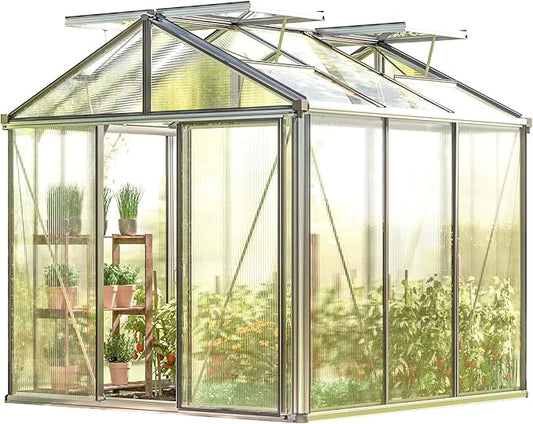 Greenhouse Diamas 21 Premium 7.7 x 7.7 ft with Approx. 16 mm Polycarbonate Panels, Natural Aluminum Color, with 2 Automatic Vent Openers
