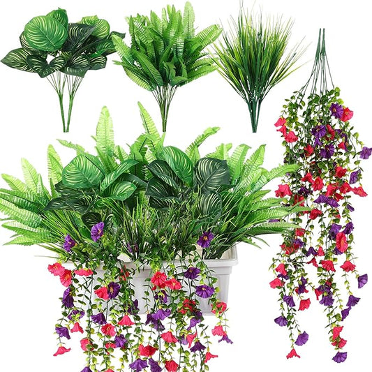 12 Pcs Artificial Greenery for Outdoor UV Resistant Fake Flowers and Greeneries Plastic Hanging Plants for Window Box Spring Summer Garden Patio Porch Yard Decoration(Bright Color)