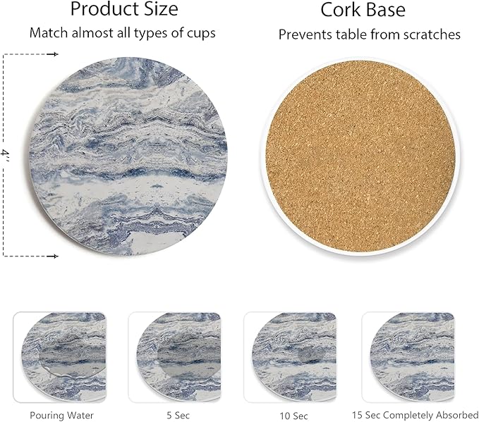 Set of 6 Navy Abstract Onyx Marble Coasters with Holder, Absorbent Ceramic Coasters for Drinks, Coasters with Cork Backing for Table Protection, Coffee Table Decor
