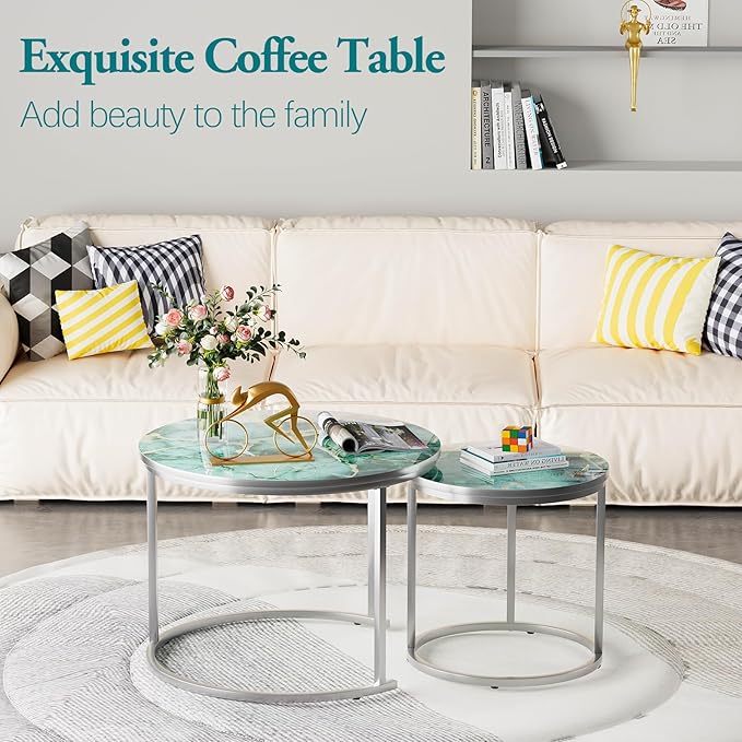 aboxoo Coffee Table Nesting Side Round Set of 2 End Table Green Art Table Top Sturdy Metal Frame Desk Centerpiece Living Room Bedroom Apartment Modern Industrial Simple Nightstand