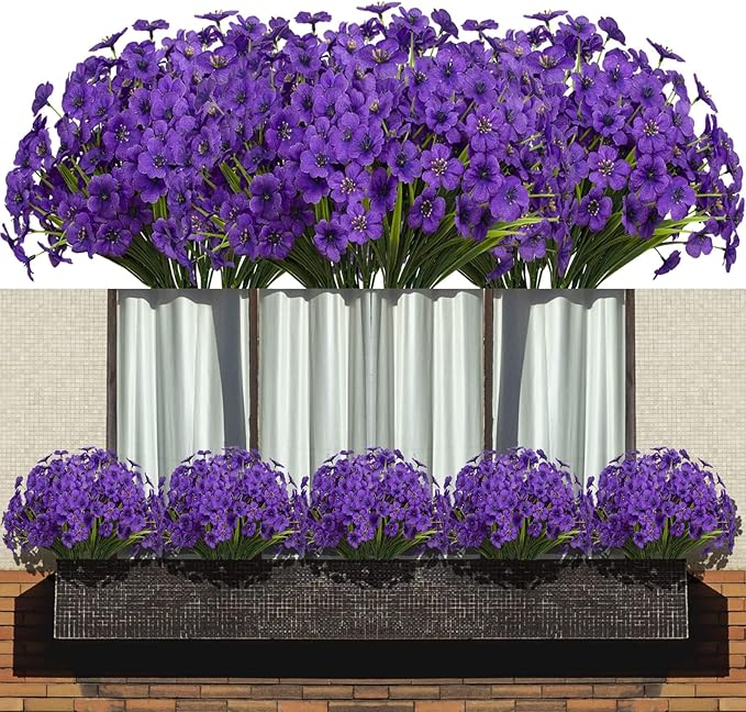 15 Bundles Artificial Flowers Fake Silk Flowers Outdoor UV Resistant Faux Flowers Plastic Fabric Greenery Plants for Hanging Planter Kitchen Home Office Wedding Garden Decoration（Purple）