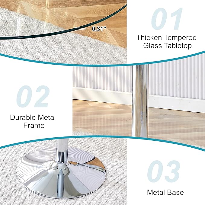 Dining Table for 4 Modern Round Glass Dining Table 39" Kitchen & Dining Room Tables with Metal Base and Glass Tabletop for Dining Room and Apartment, Silver
