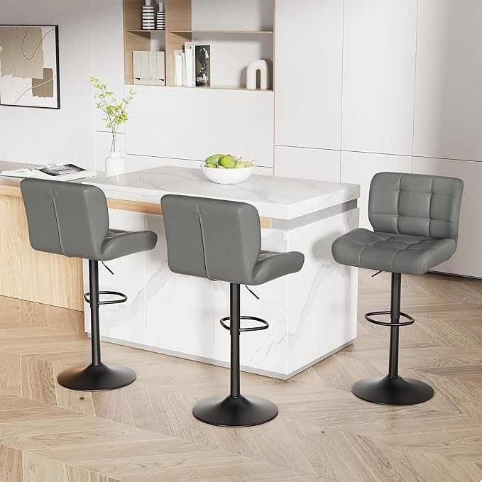 Modern Bar Stools Set of 3, Faux Leather Upholstered Swivel Bar Stools, Adjustable Counter Height Bar Chairs with High Back and Footrest for Kitchen Island (Dark Grey)