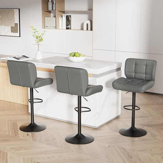 Modern Bar Stools Set of 3, Faux Leather Upholstered Swivel Bar Stools, Adjustable Counter Height Bar Chairs with High Back and Footrest for Kitchen Island (Dark Grey)