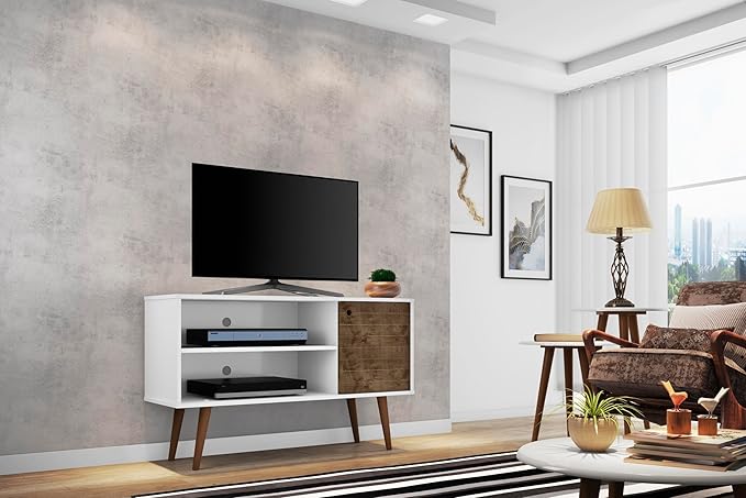 Manhattan Comfort Liberty Mid Century Modern TV Stand for Televisions up to 46 Inches, Bedroom and Living Room Entertainment Center with Storage, Shelves, and Cabinet, 43" Wide, White/Rustic Brown