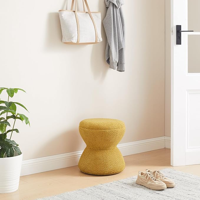 VANOMi Multi-Functional Boucle Ottoman, Vanity Stool Chair, Sturdy Rotating Wooden Footstool, Suitable for Living Room, Bedroom, and Entryway, Without Installation, Swivel, Yellow