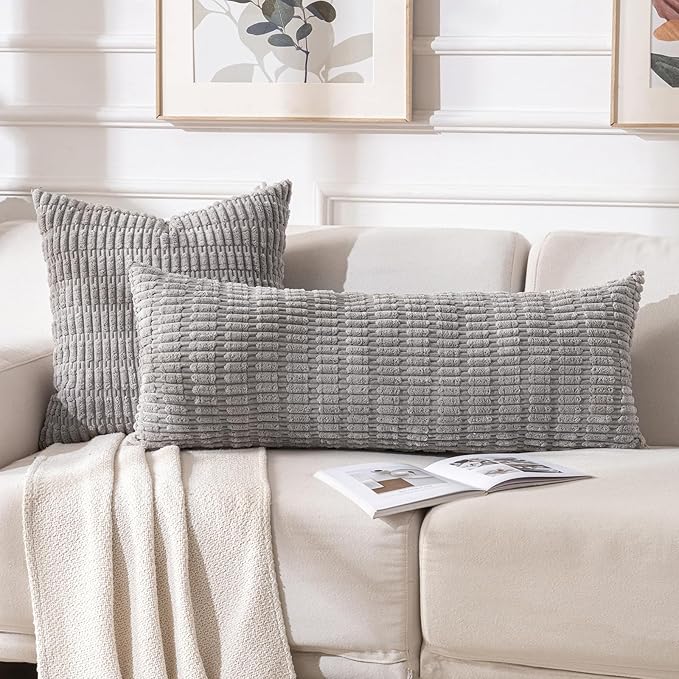 Fancy Homi 2 Packs Gray Long Lumbar Farmhouse Decorative Throw Pillow Covers 14x36 Inch for Bed Couch Bed Sofa, Rustic Boho Room Decor, Soft Striped Corduroy Rectangle Cushion Case 35x91 cm