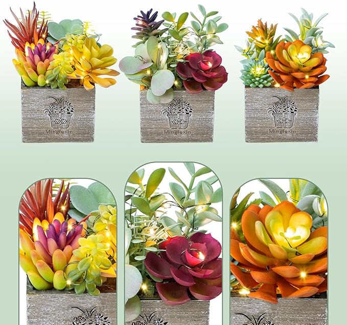 Mingfuxin Succulents Plants Artificial, Small Faux Plants with Lights, Assorted Decorative Fake Succulent Potted for Office Desk Bathroom Bedroom Shelves Windows Room Decor