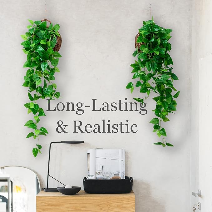 2-Pack Artificial Plants (with Baskets) - Ivy Vines Pothos - Outdoor & Indoor Decorations - Wall Faux Hanging Vine with Fake Leaves