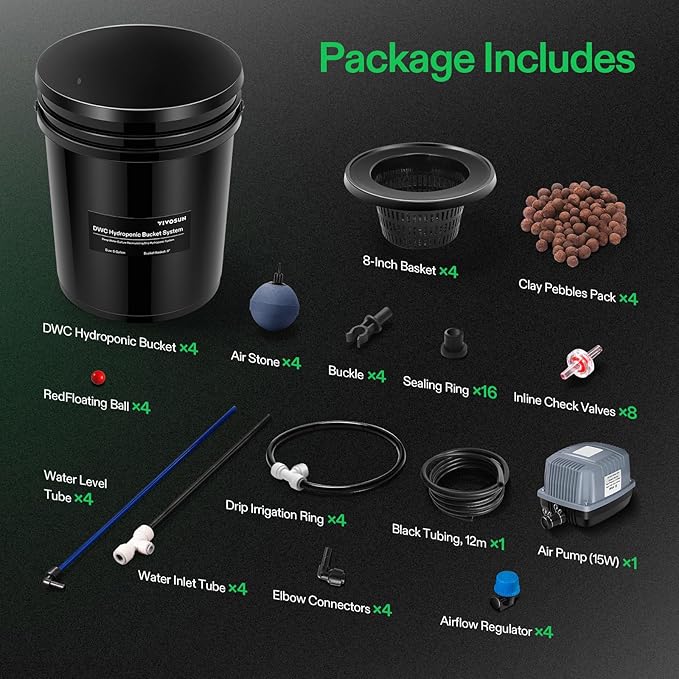 VIVOSUN DWC Hydroponics Grow System with Top Drip Kit, 5-Gallon Deep Water Culture, Recirculating Drip Garden System with Multi-Purpose Air Hose, Air Pump, and Air Stone (4 Buckets + Top Drip Kit)
