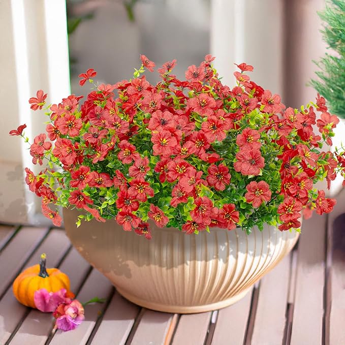 16 Bundles Artificial Flowers Outdoor Spring Summer Decoration Fake Silk Colorful Daisy Eucalyptus Realistic UV Resistant Outside Faux Plants for Garden Porch Window Box Home Decor(Red)