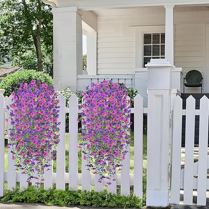 Artificial Fake Hanging Plants Flowers for Spring Outdoor Outside Decor, Faux Mums Silk Realistic Flower, 2 Pcs UV Resistant Look Real Plastic Decorations for Porch Home Patio Balcony Yard