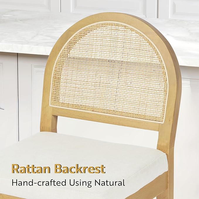 STHOUYN Upholstered Rattan Bar Stools Set of 4, Wooden Counter Height Stools with Natural Rattan Woven Back and Chenille Seat, Mid-Century Modern Island Chairs Barstools for Kitchen (4, Cream White)