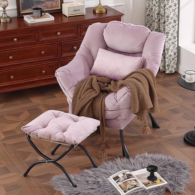 Lazy Chair with Ottoman, Modern Accent Chair with Lumbar Pillow, Comfy Chairs with Folding Footrest for Bedroom, Reading, Oversized Supportive Lounge Chairs(Velvet Light Purple)