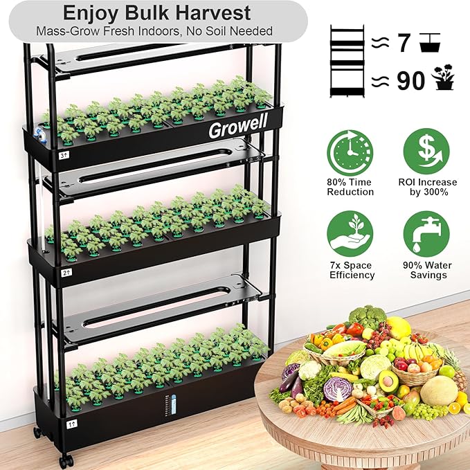 Large Hydroponics Growing System Kit, 90 Pods Vertical Hydroponic Garden with 2 Light Modes Grow Light, Auto Circulating Water System, 40L Indoor Gardening System for Herb Vegetable Fruit