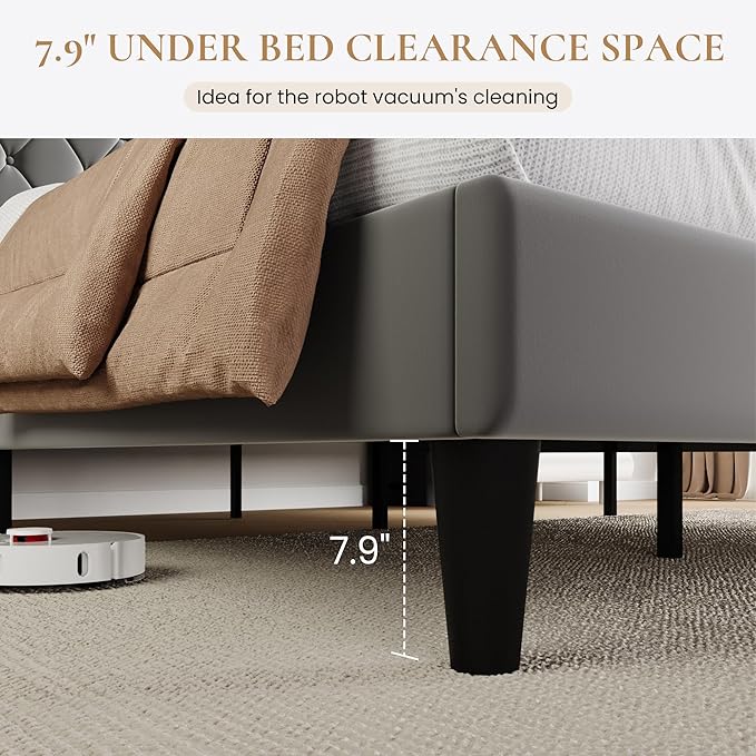 SHA CERLIN Queen Size Platform Bed Frame with Charging Station, Velvet Wingback Headboard with Storage Shelf, Wooden Slats Support, Ample Under-Bed Space, No Box Spring Needed, Easy Assembly, Grey