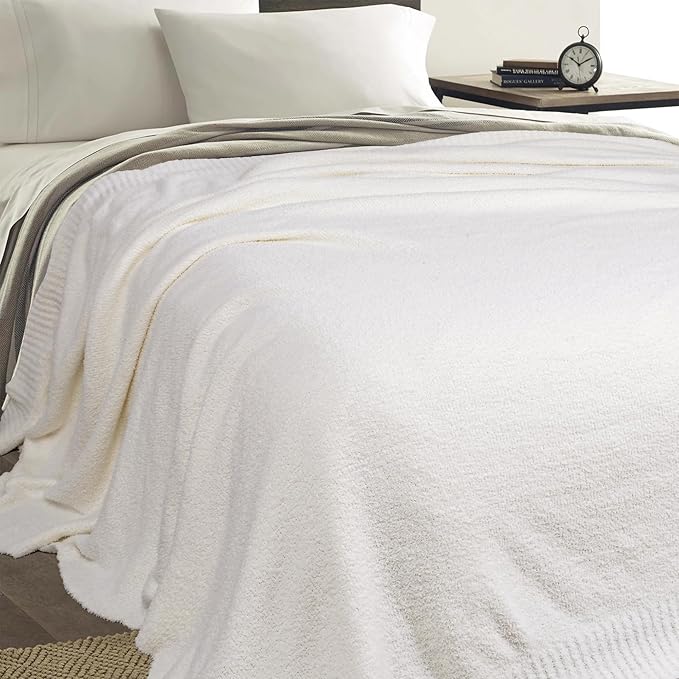 JOOJA Cream White Fuzzy Knitted Blanket, Soft Lightweight Plush Queen Size for Bed, Cozy Nights (90x90)