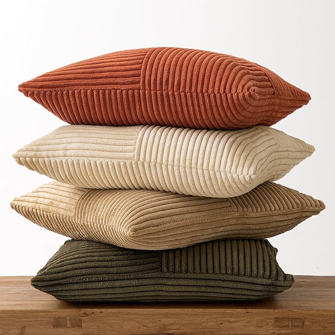 MIULEE Rust-Olive Green Decorative Throw Pillow Covers 20x20 Inch Set of 4 Boho Color-Clash Cushion Cases Farmhouse Pillow Cases Corduroy Striped Fall Home Decor for Couch Sofa Living Room Bed