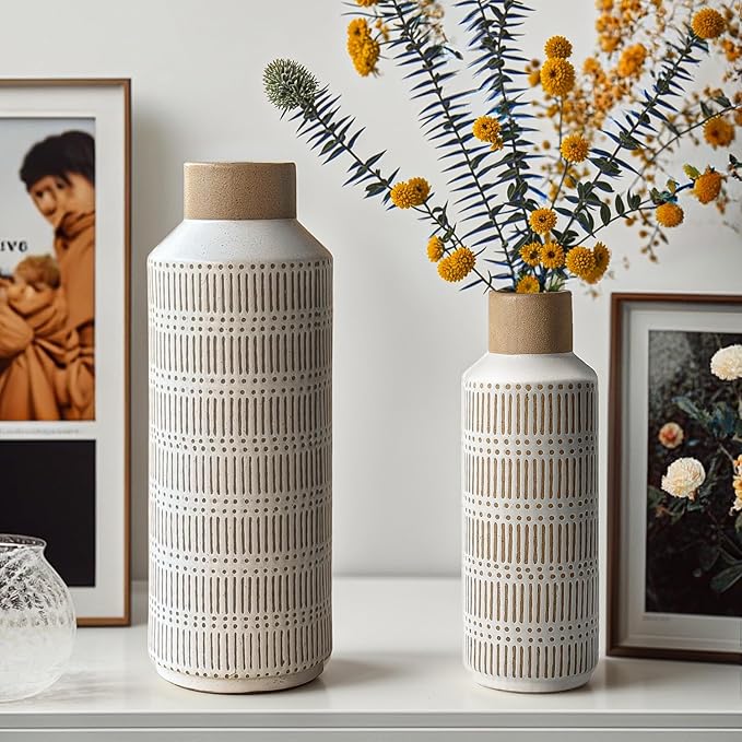 Rustic Ceramic Vase Set of 2 for Living Room Bedroom 15.75'' and 11.02'' Farmhouse Flower Bouquet Vases for Fake Plant Home Decor Office Fireplace Centerpieces Retro Vintage Modern Gift