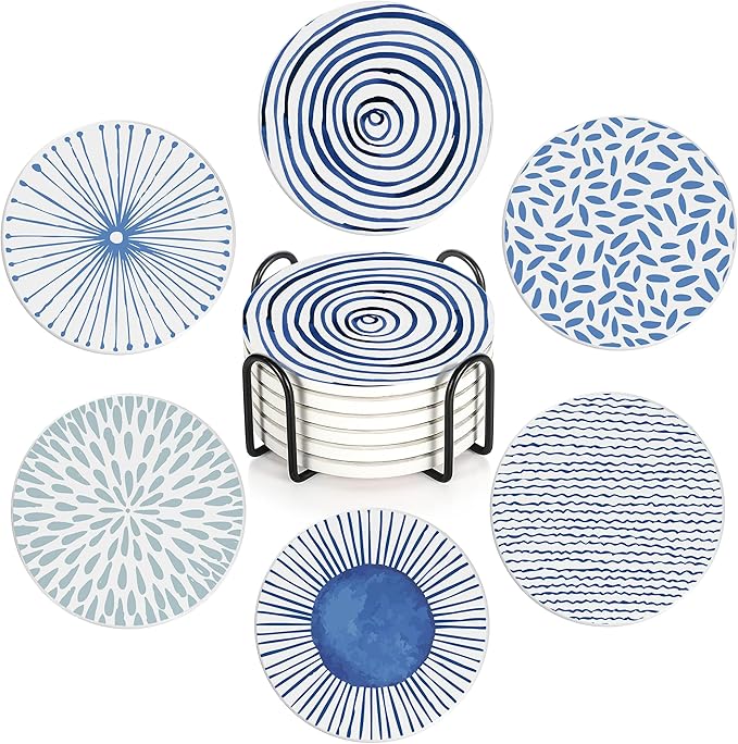 Drink Coasters Set of 6 with Holder, Blue Watercolor Series Absorbent Ceramic Coasters with Cork Base,Fit All Cups,Great Gift for Housewarming,Room Decor,Bar,Holiday Party