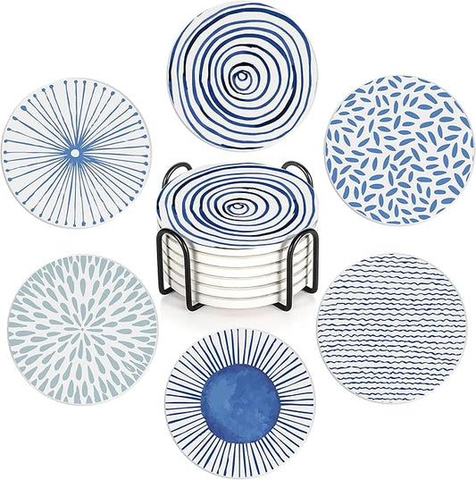 Drink Coasters Set of 6 with Holder, Blue Watercolor Series Absorbent Ceramic Coasters with Cork Base,Fit All Cups,Great Gift for Housewarming,Room Decor,Bar,Holiday Party