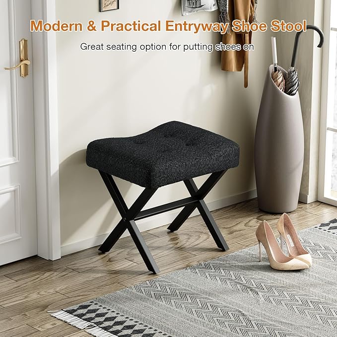 18-Inch Large Vanity Stool Chair, Vanity Bench with Metal X-Legs, Ottoman Accent Stool with Breathable and Soft Boucle Fabric Saddle Seat, Black