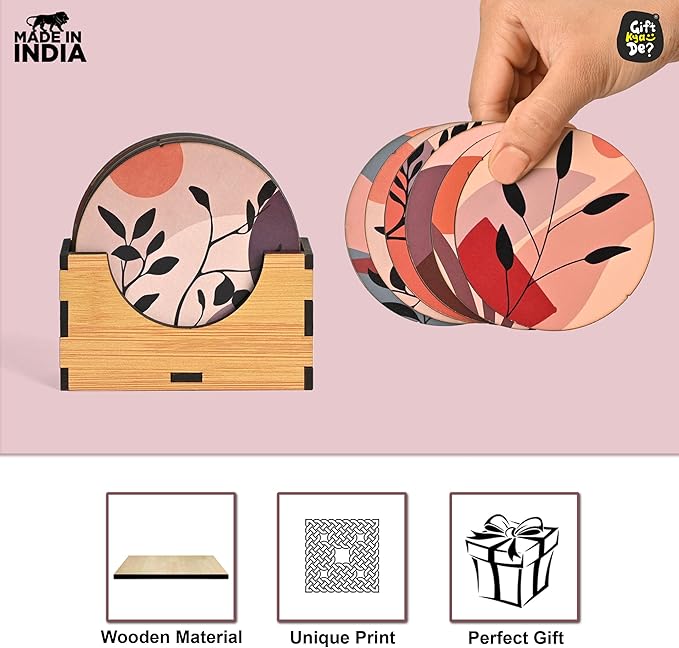GKD Wooden Coasters for Drinks, Coasters Set of 6 with Holder, 3.5 inches Eco-Friendly Absorbent Coaster for Coffee Table, Bar, Drinking Glasses, Tabletop Protection (1, Modern Art)