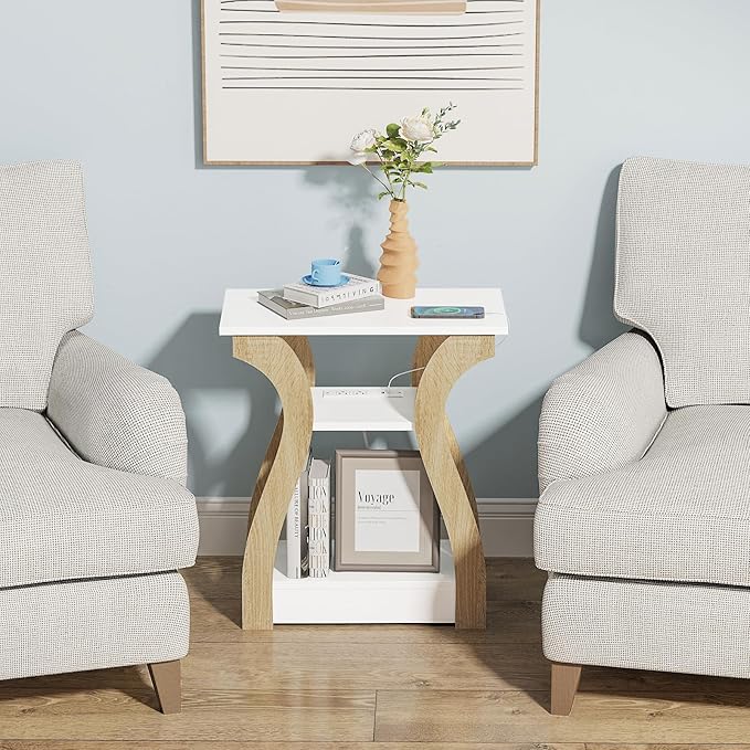 End Table with Charging Station, Side Table with USB Ports and Outlets, Nightstand, 3 Tier End Table with Storage Shelf for Living Room, Bedroom (White)
