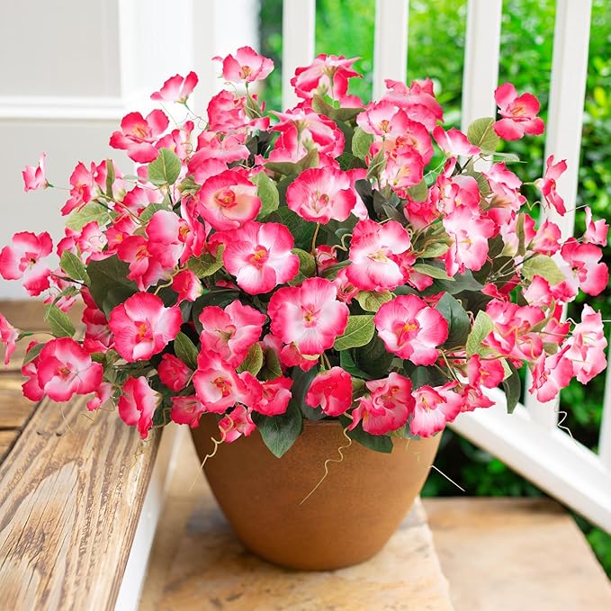 Fake Hibiscus Artificial Flowers for Outdoors Spring Summer Decoration, 6 Bundles Silk Pink Hibiscus Flowers Bouquet UV Resistant Look Real Faux Plants for Outside Planter Front Door Porch Balcony