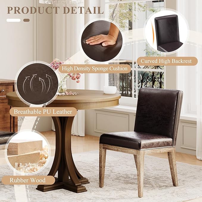 Wooden Dining Chairs Set of 6, Modern Leather Upholstered Dining Room Chair, Kitchen Side Chairs, Farmhouse Dinner Chair with High Back for Kitchen, Brown