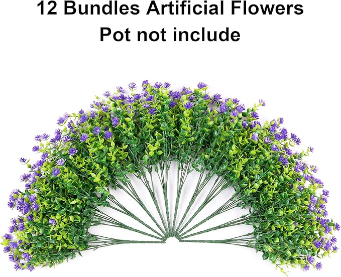 Ivydale Artificial Purple Flowers Plants for Outdoors Indoor Decoration, 12 Bundles Fake Plastic Flowers UV Resistant Faux Greenery Bushes Shrubs for Home Porch Patio Window Box Garden Decor (Purple)