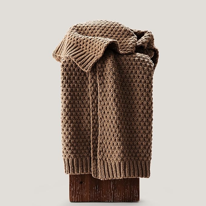 EVERGRACEHOME Chunky Chenille Knit Throw Blanket for Couch, Soft Luxurious Moss Stitch Blankets for Bed, Cozy Decorative Farmhouse Knitted Throws for Sofa, Camel Brown, 50" x 60"