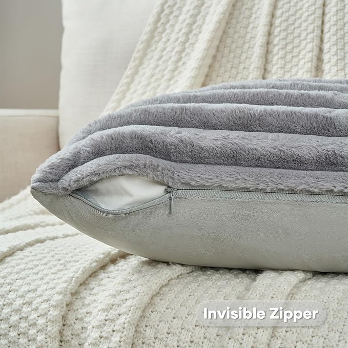 FUTEI Grey Striped Decorative Throw Pillow Covers 18x18 Inch Set of 2,Square Fall Decorations Couch Pillow Case,Soft Cozy Faux Rabbit Fur & Velvet Back,Modern Home Decor for Bed