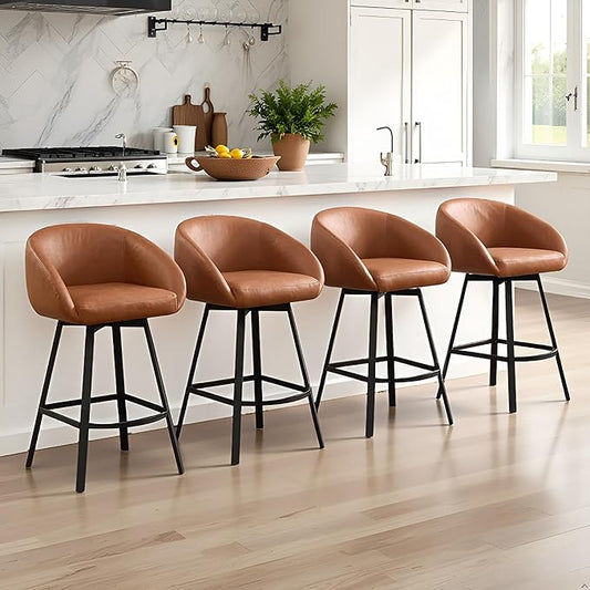 Zesthouse Swivel Counter Height Stools Set of 4, Modern Barrel Bar Stools for Kitchen Island, 26" Upholstered Kitchen Counter Height Barstools with Barrel Arms & Back, Brown Faux Leather Bar Chairs