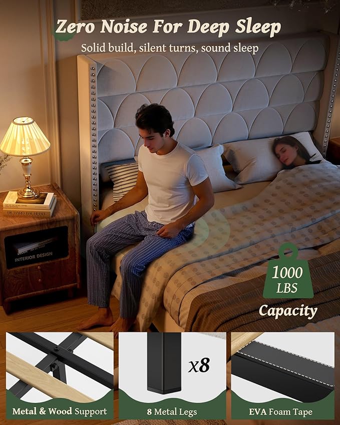 King Size Bed Frame with 56" Headboard - 1000LBS Capacity Support, Velvet Upholstered Wingback Platform Bed Frame, Noise Free, Sturdy Wooden Slat Support